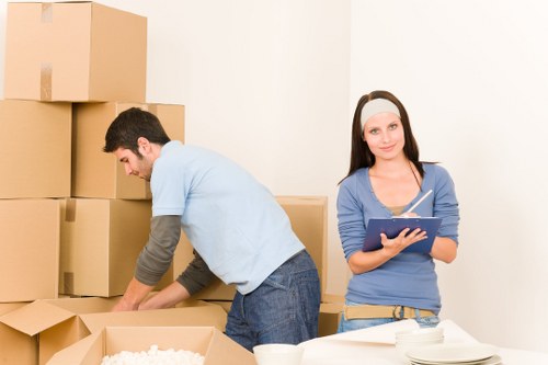 Boxes and furniture arranged for a Southwark apartment move